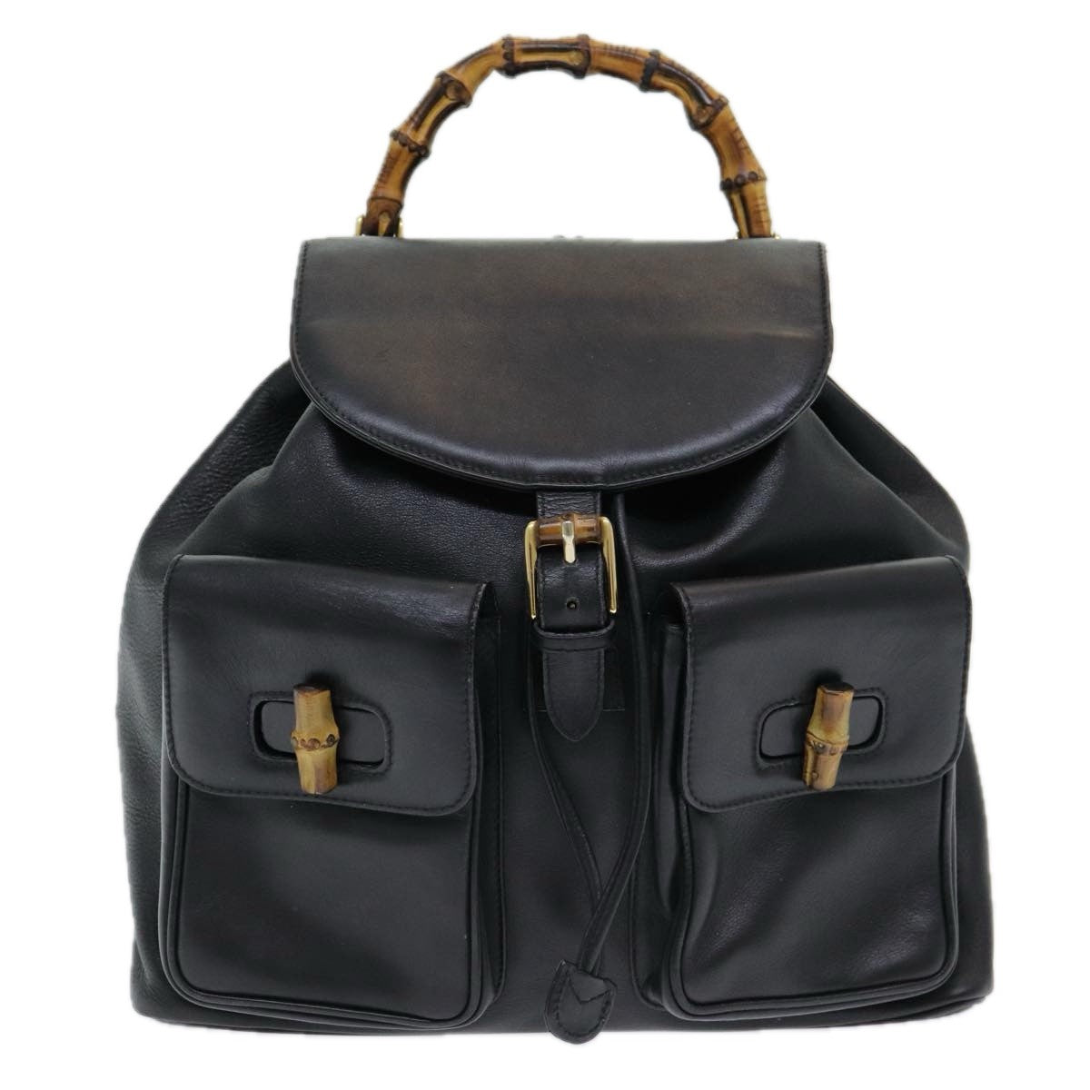 Gucci Vintage Bamboo Backpack Leather Black Leather Backpack Bag (Authentic  )