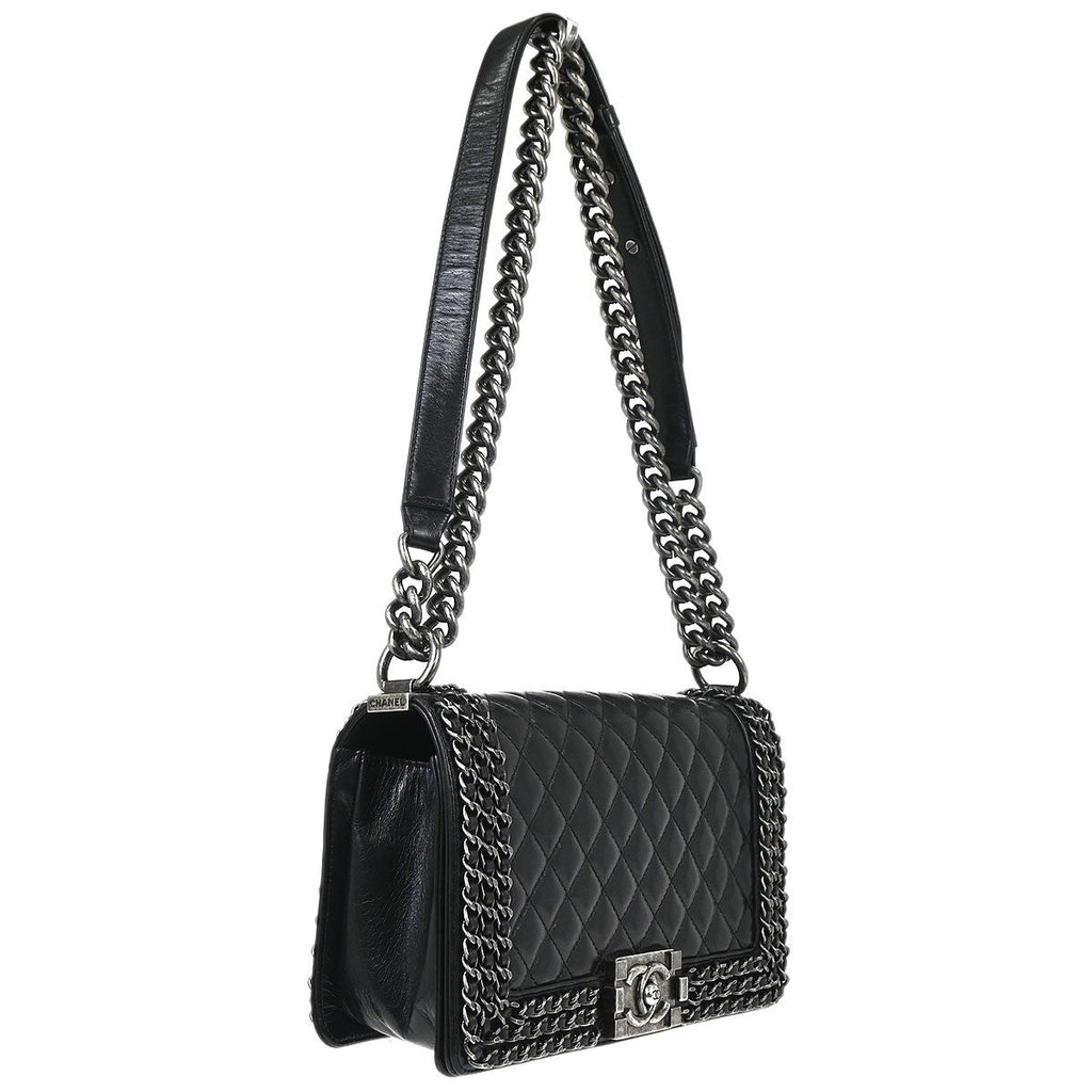 Chanel Boy Flap Bag Quilted Glazed Calfskin Black Leather Handbag ( )