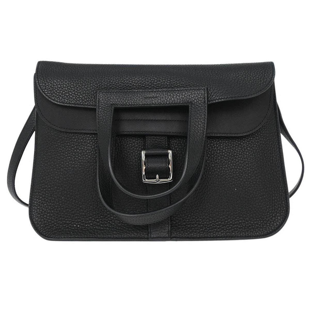 Hermes Halzan Bag Clemence Black Leather Bag (Authentic  )