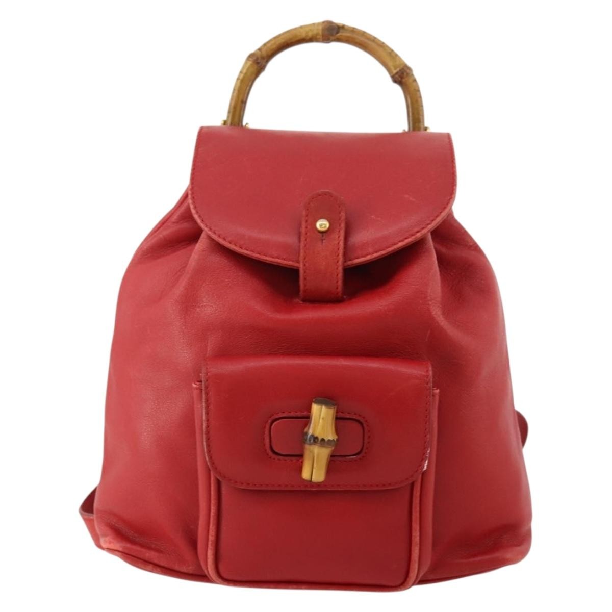 Gucci Vintage Bamboo Backpack Leather Red Leather Backpack Bag (Authentic  )