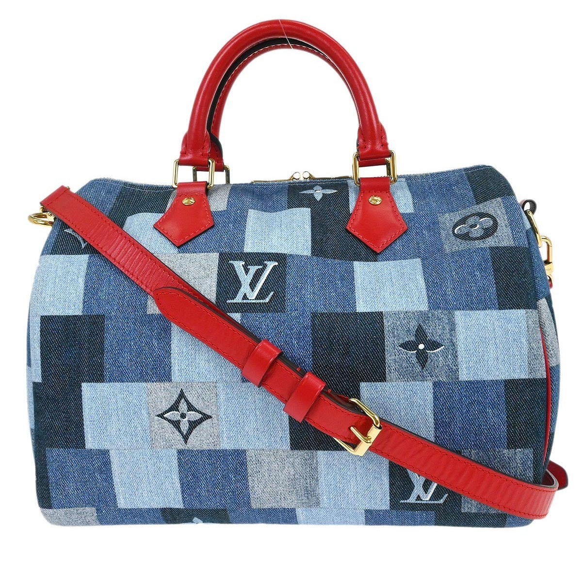 Louis Vuitton Speedy Bandouliere Bag Damier And Monogram Patchwork Denim Blue Denim_Jeans Handbag (Authentic  )