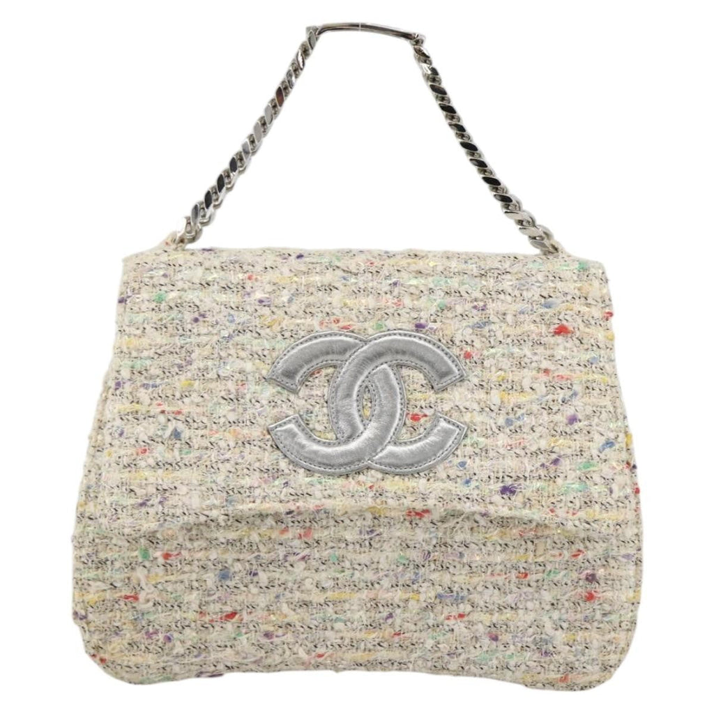 Chanel Vintage Cc Chain Top Handle Bag Quilted Tweed White Tweed Handbag (Authentic  )