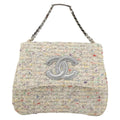 Chanel Vintage Cc Chain Top Handle Bag Quilted Tweed White Tweed Handbag (Authentic  )