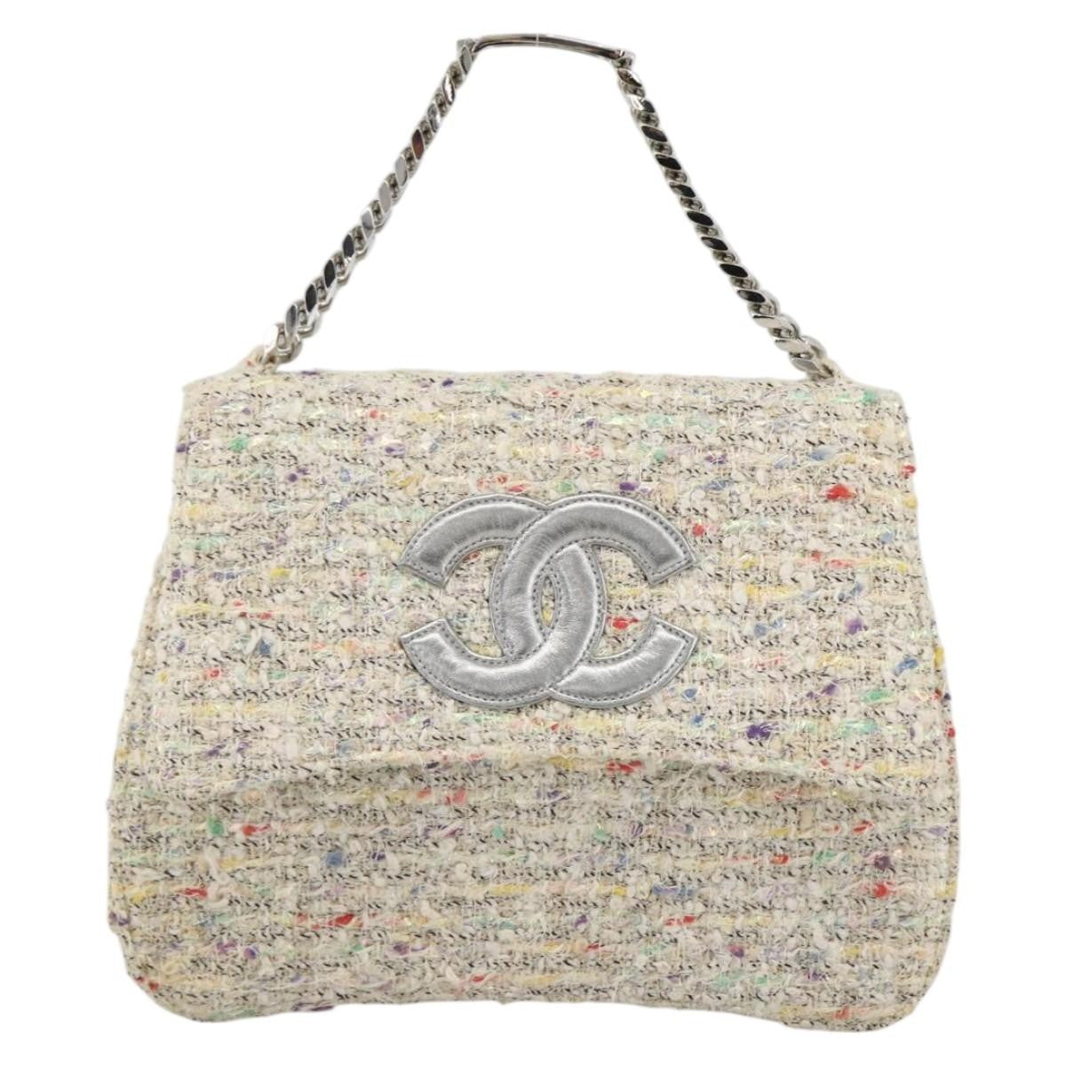 Chanel Vintage Cc Chain Top Handle Bag Quilted Tweed White Tweed Handbag (Authentic  )