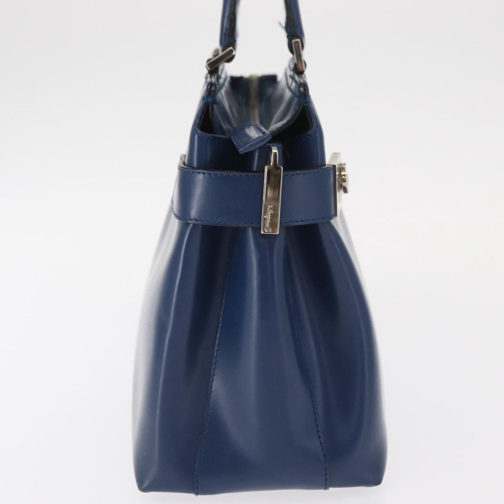 Salvatore Ferragamo Double Gancini Side Buckle Tote Leather Blue Leather Handbag (Authentic  )