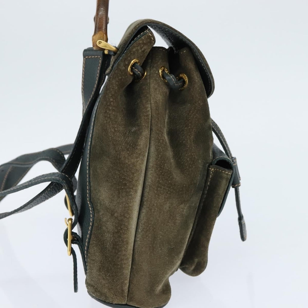 Gucci Vintage Bamboo Backpack Suede Khaki Suede Backpack Bag (Authentic  )