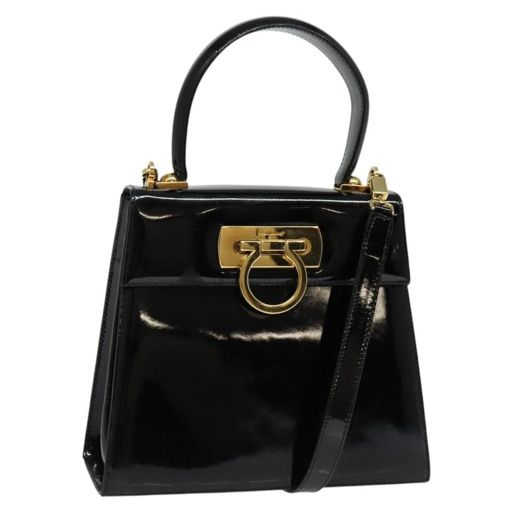 Salvatore Ferragamo Gancini Convertible Top Handle Bag Patent Leather Black Patent_Leather Handbag (Authentic  )