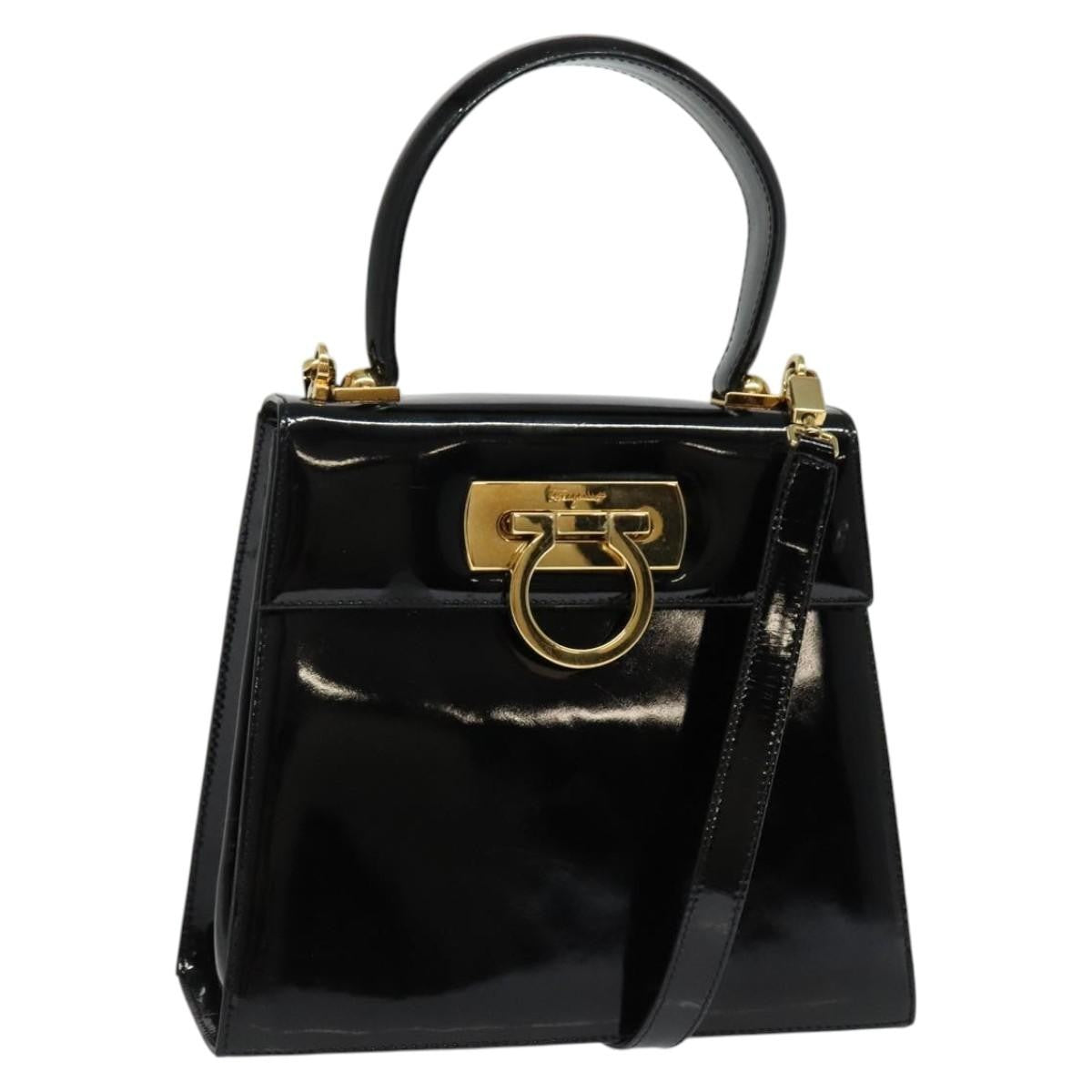 Salvatore Ferragamo Gancini Convertible Top Handle Bag Patent Leather Black Patent_Leather Handbag (Authentic  )