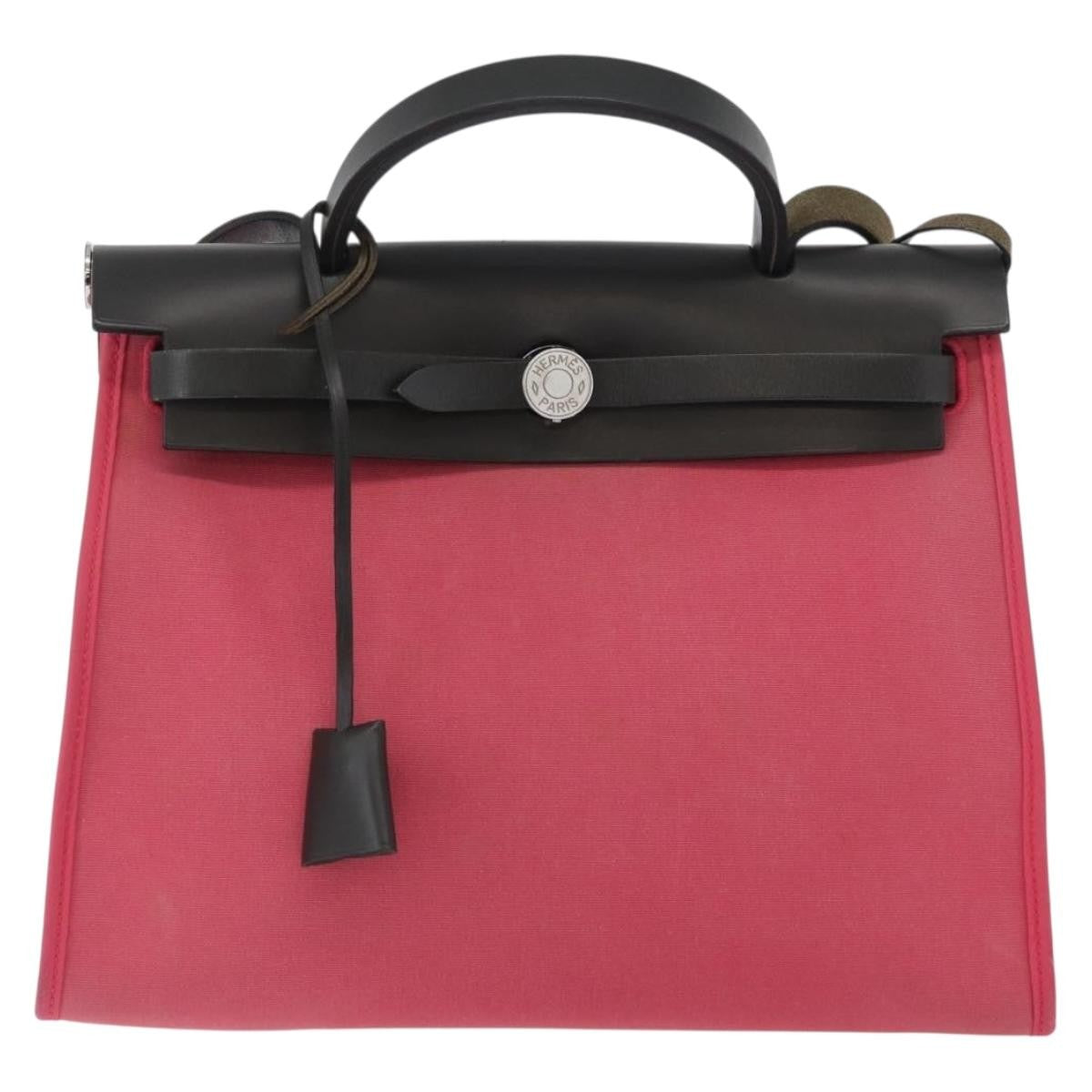 Hermes Herbag Zip Leather And Toile Pink Canvas Handbag (Authentic  )