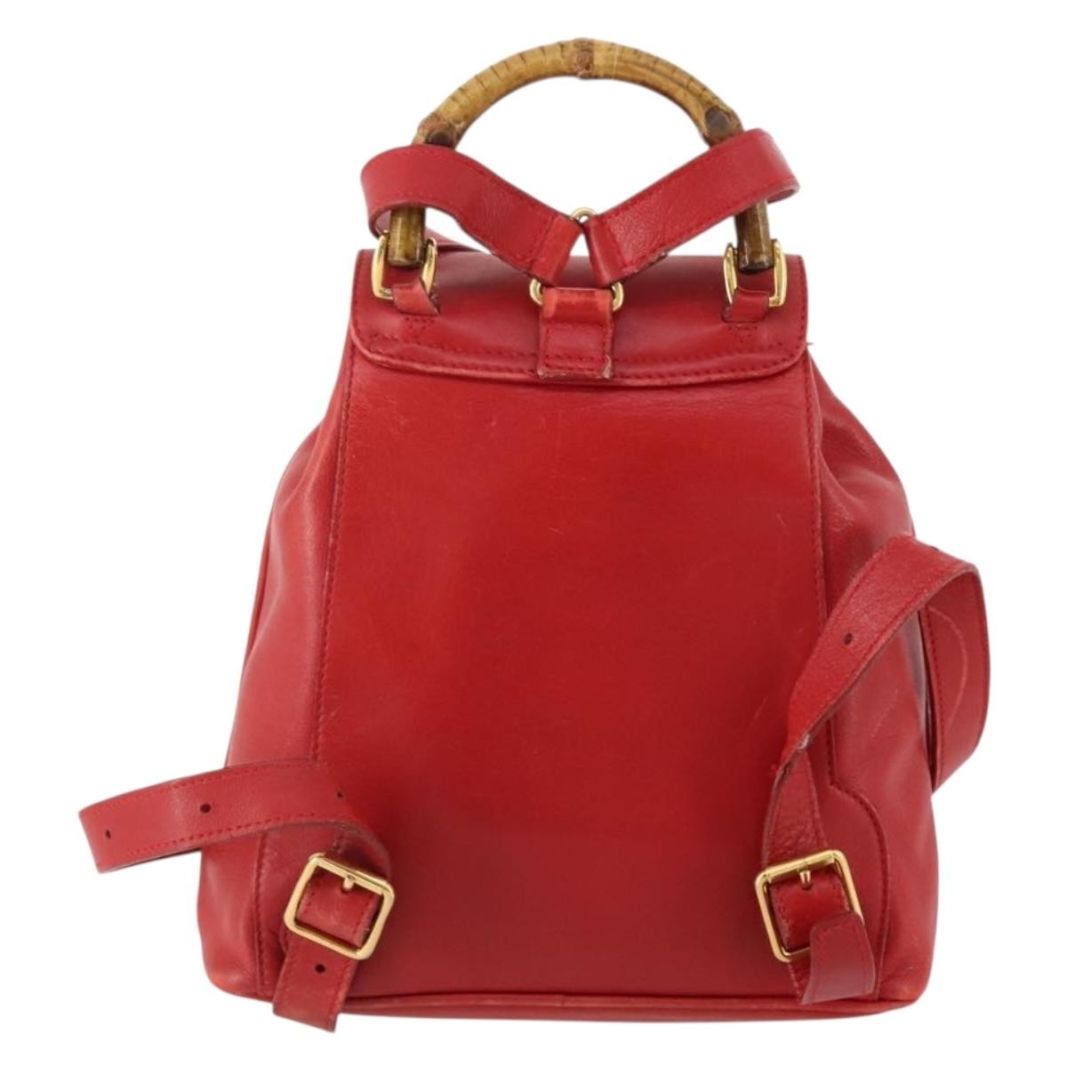Gucci Vintage Bamboo Backpack Leather Red Leather Backpack Bag (Authentic  )