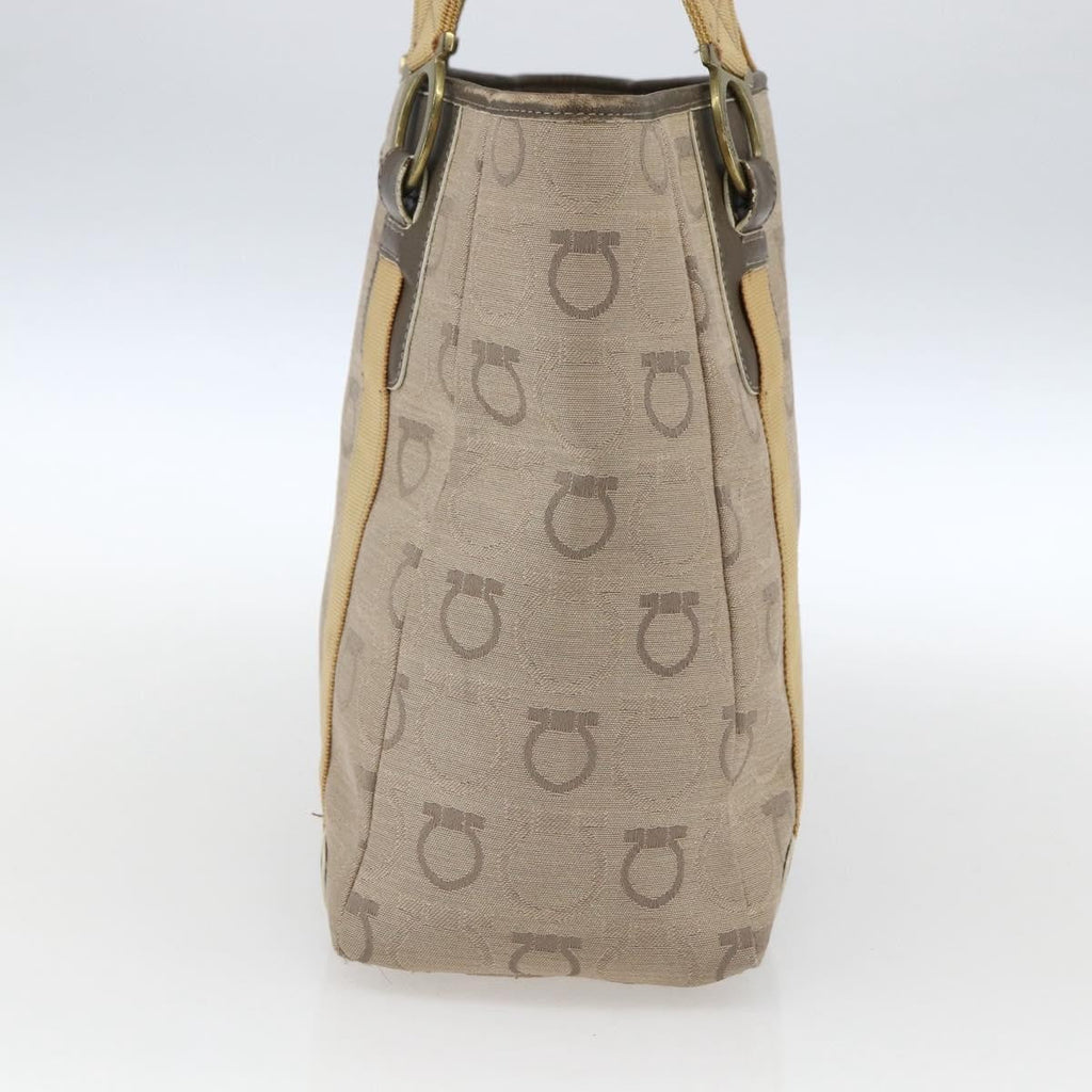 Salvatore Ferragamo Gancini Handbag Canvas Beige Canvas Handbag (Authentic  )