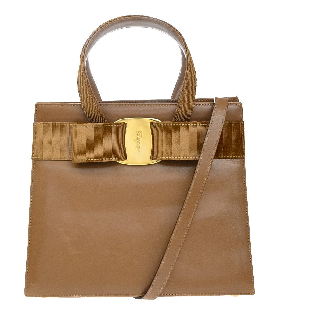 Salvatore Ferragamo Convertible Vara Bow Tote Leather Brown Leather Handbag (Authentic  )