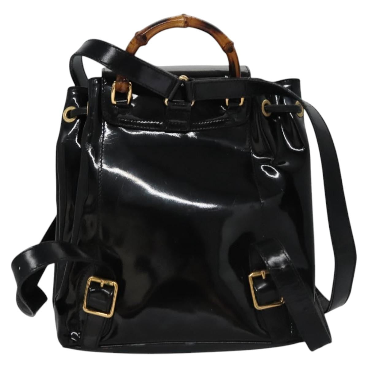 Gucci Vintage Bamboo Backpack Patent Black Patent_Leather Backpack Bag (Authentic  )