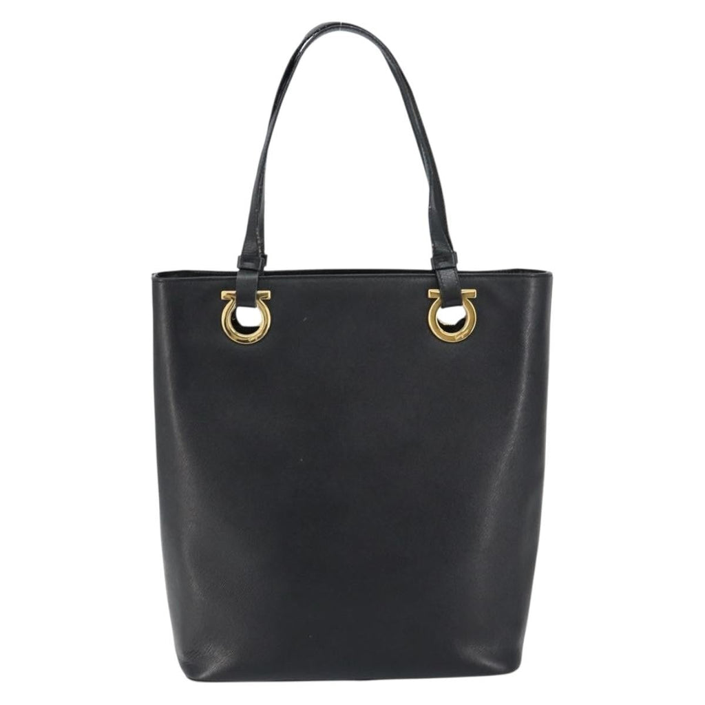 Salvatore Ferragamo Gancini Handbag Leather Black Leather Handbag (Authentic  )