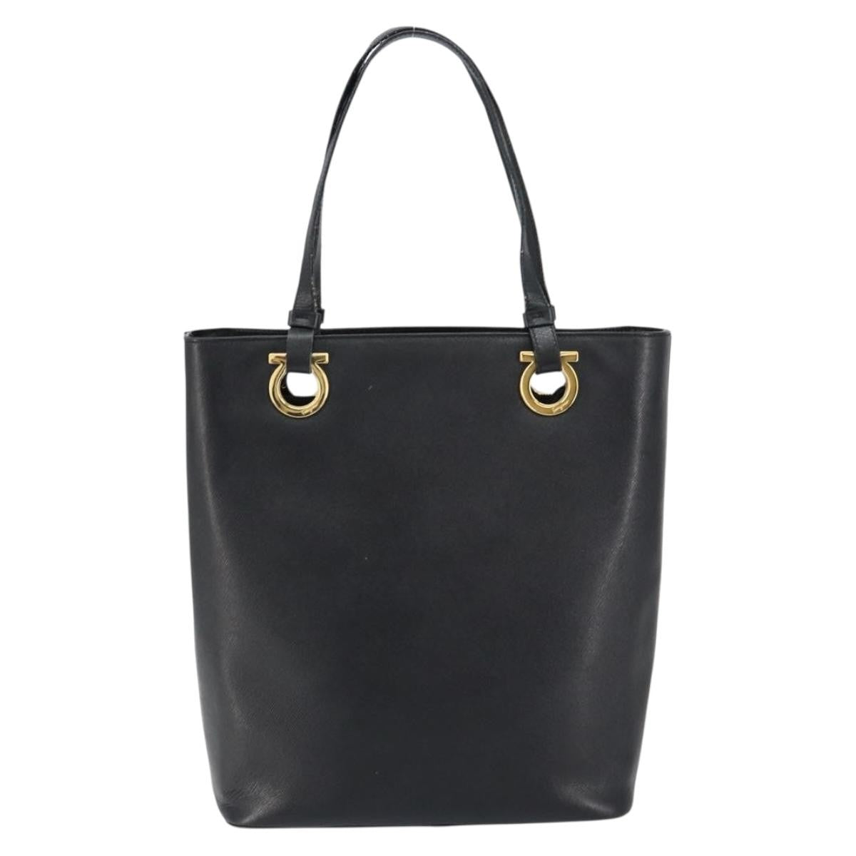 Salvatore Ferragamo Gancini Handbag Leather Black Leather Handbag (Authentic  )