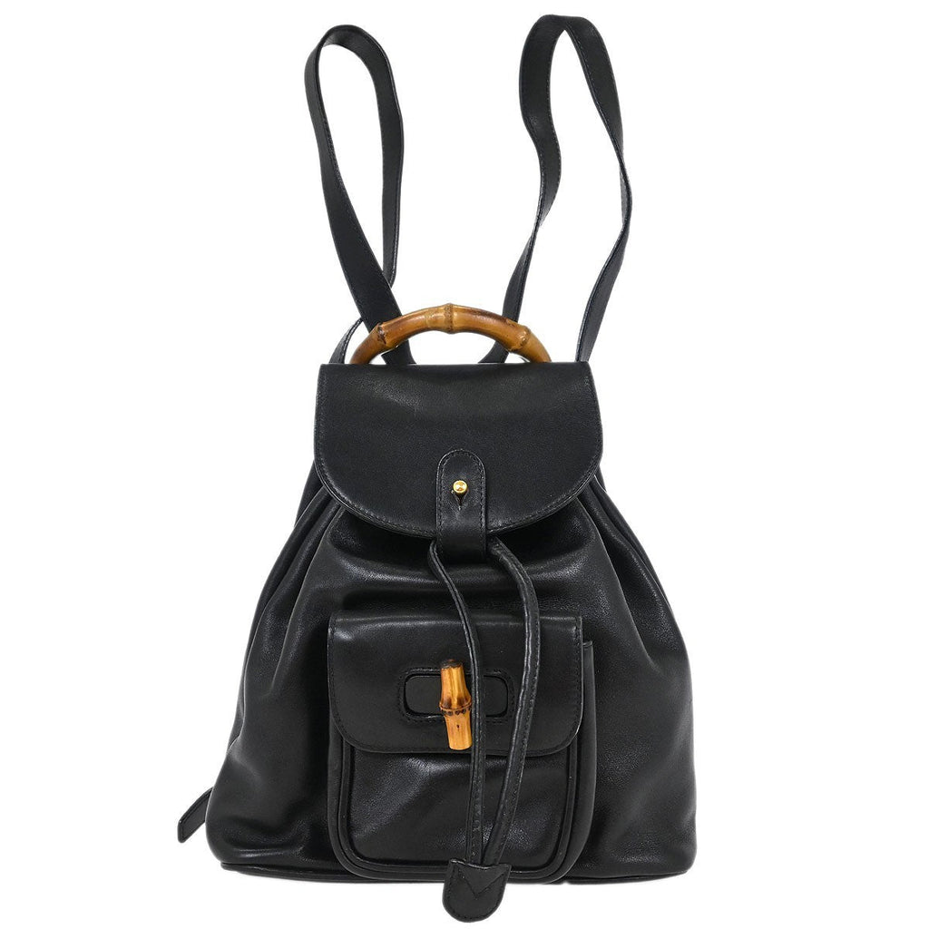 Gucci Vintage Bamboo Backpack Leather Black Leather Backpack Bag (Authentic  )