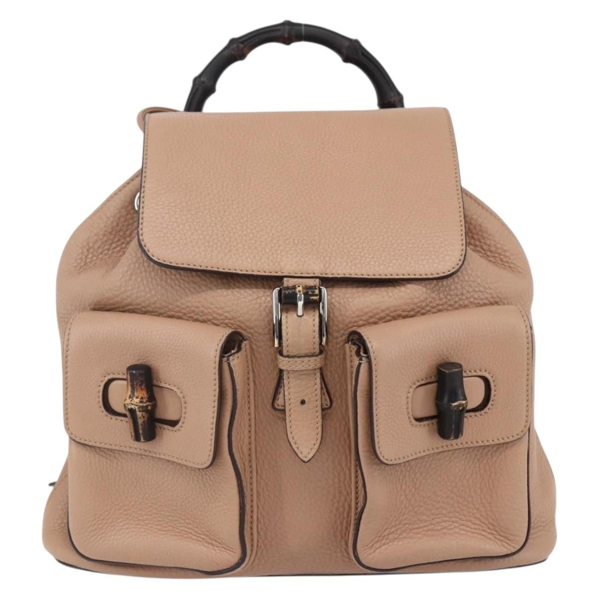 Gucci Vintage Bamboo Backpack Leather Beige Leather Backpack Bag (Authentic  )