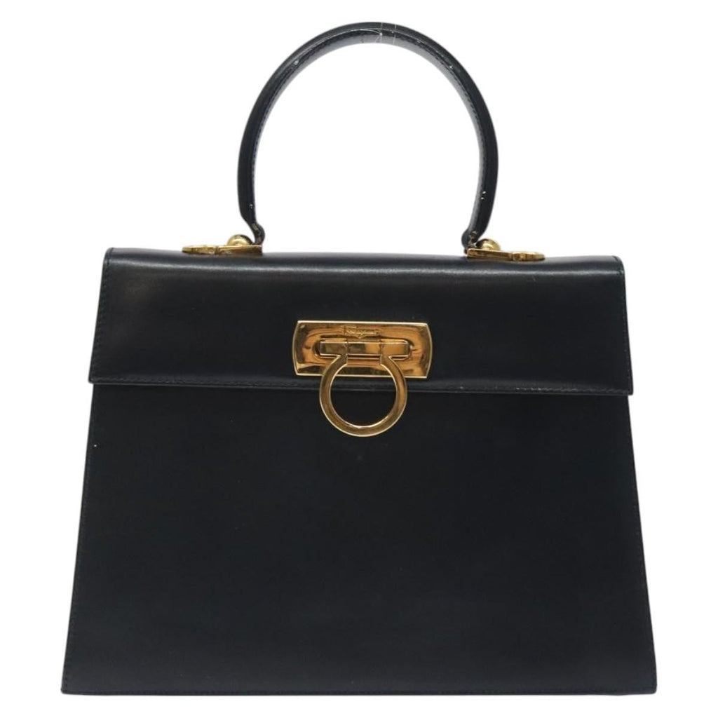 Salvatore Ferragamo Convertible Top Handle Bag Leather Black Leather Handbag (Authentic  )