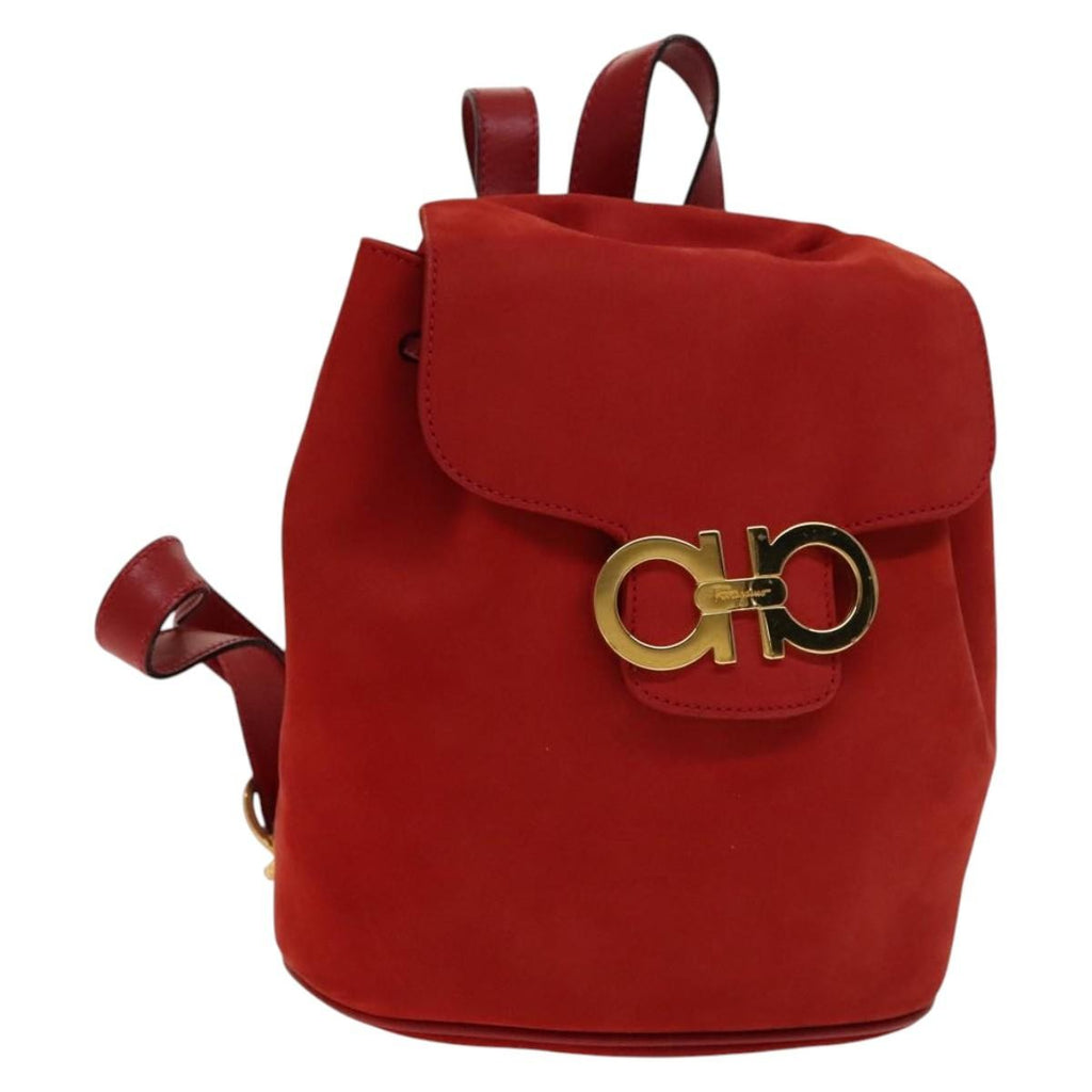 Salvatore Ferragamo Gancini Flap Drawstring Backpack Suede Red Suede Backpack Bag (Authentic  )