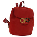 Salvatore Ferragamo Gancini Flap Drawstring Backpack Suede Red Suede Backpack Bag (Authentic  )