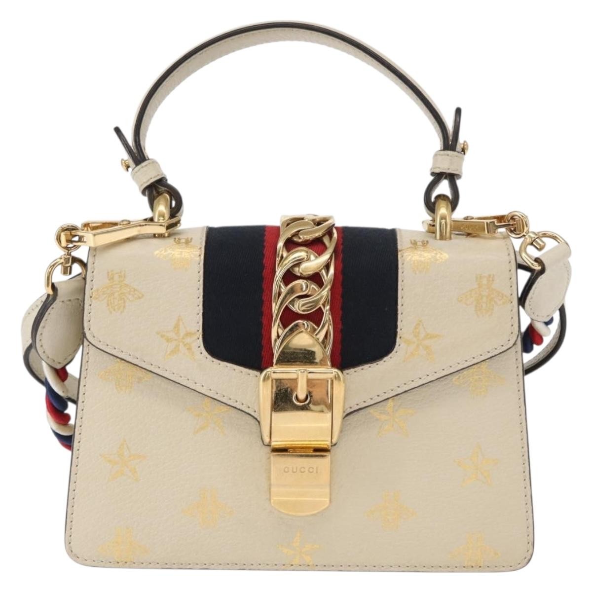 Gucci Sylvie Top Handle Bag Printed Leather Beige Leather Handbag (Authentic  )