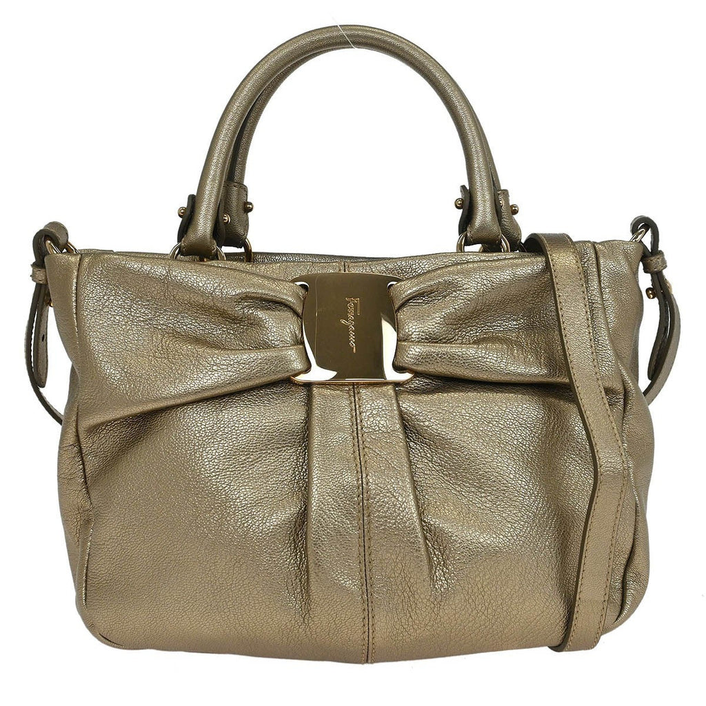 Salvatore Ferragamo Vala Handbag Leather Gold Leather Handbag (Authentic  )
