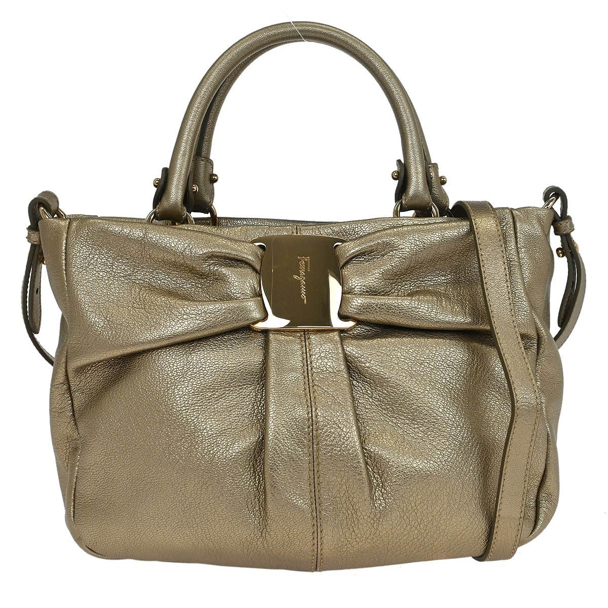 Salvatore Ferragamo Vala Handbag Leather Gold Leather Handbag (Authentic  )
