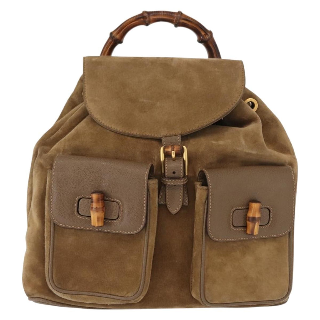 Gucci Vintage Bamboo Backpack Suede Brown Suede Backpack Bag (Authentic  )