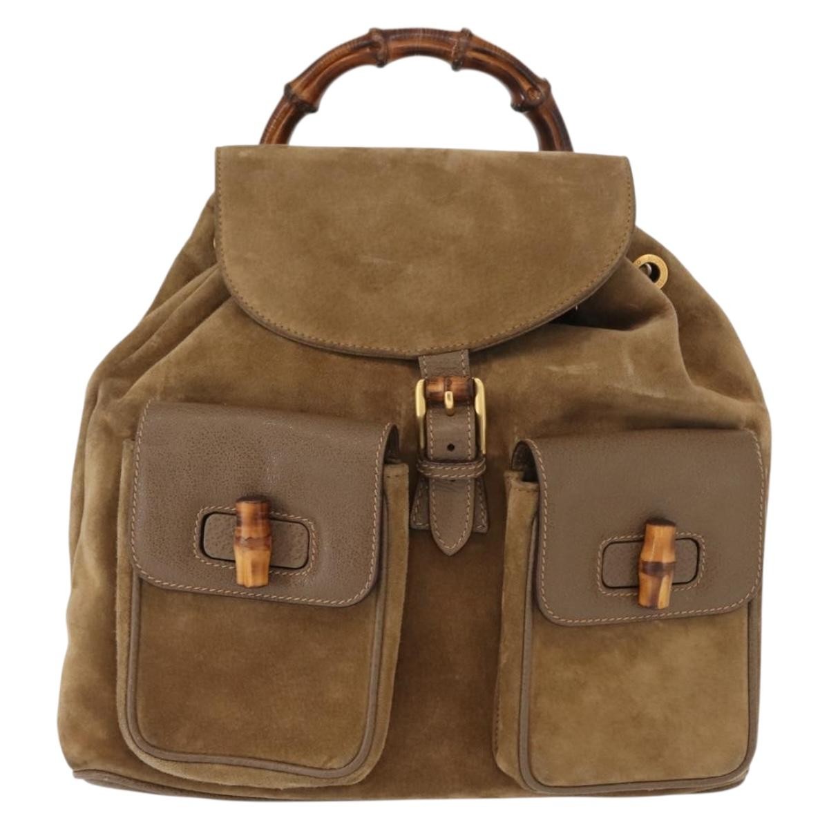 Gucci Vintage Bamboo Backpack Suede Brown Suede Backpack Bag (Authentic  )