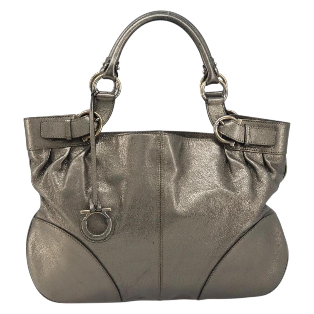 Salvatore Ferragamo Gancini Handbag Leather Gold Leather Handbag (Authentic  )