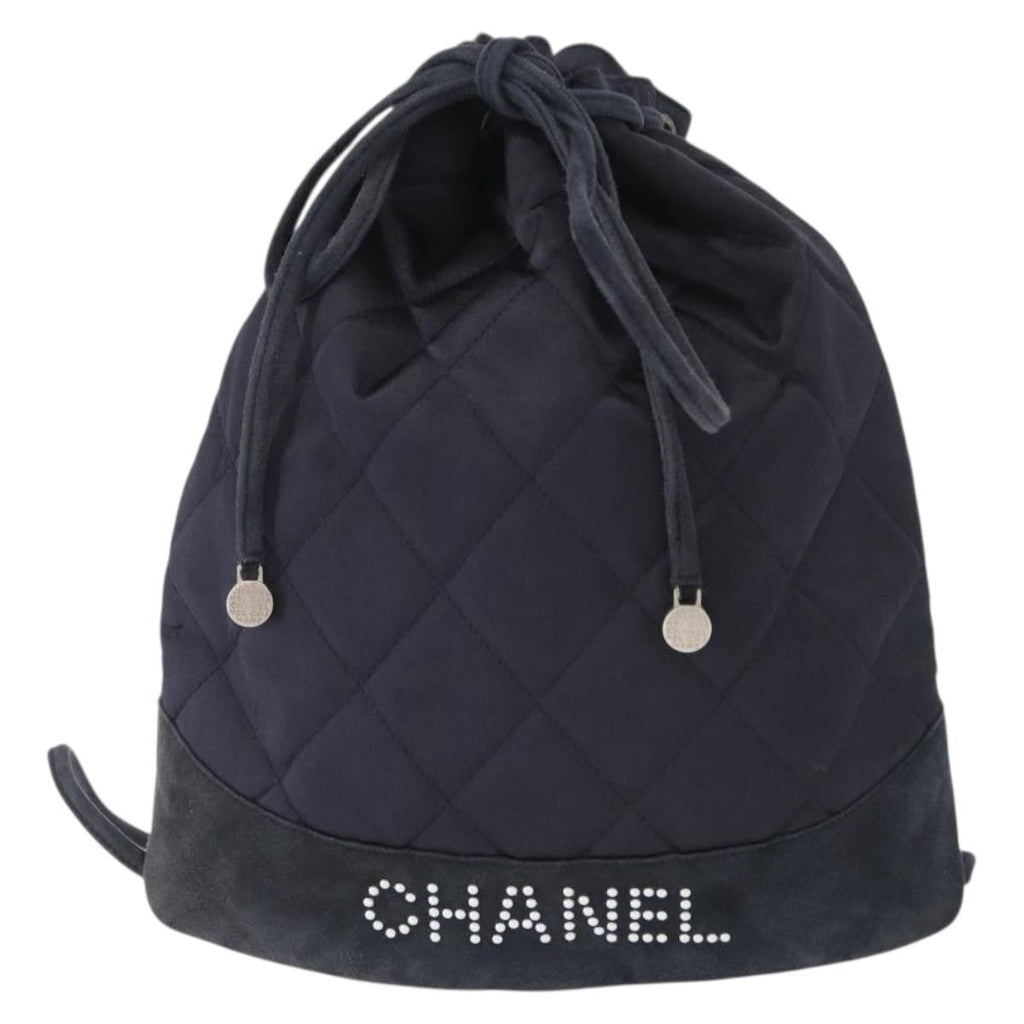 Chanel Vintage Drawstring Backpack Quilted Satin With Suede Navy Satin Backpack Bag (Authentic  )