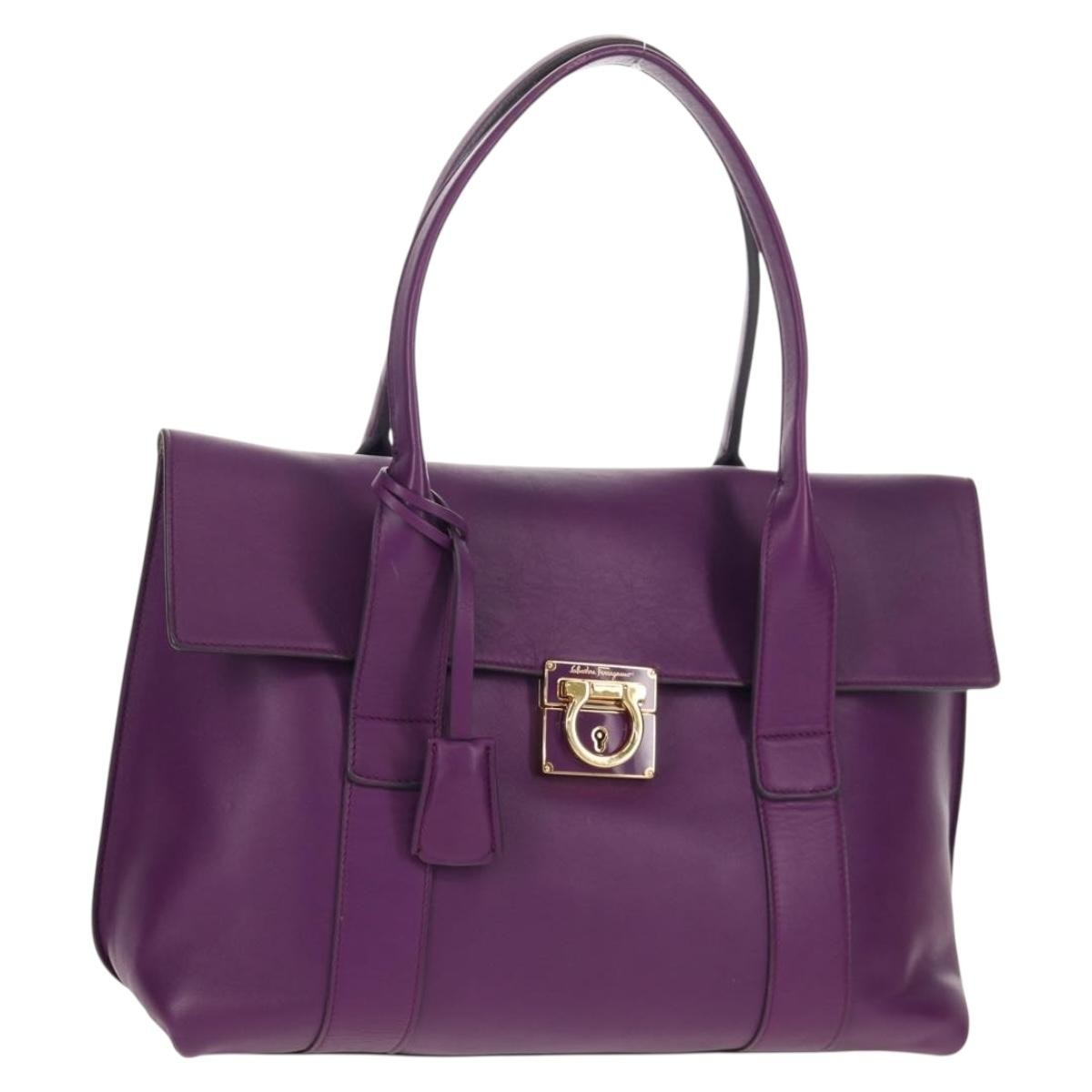 Salvatore Ferragamo Gancini Lock Flap Tote Leather Purple Leather Handbag (Authentic  )