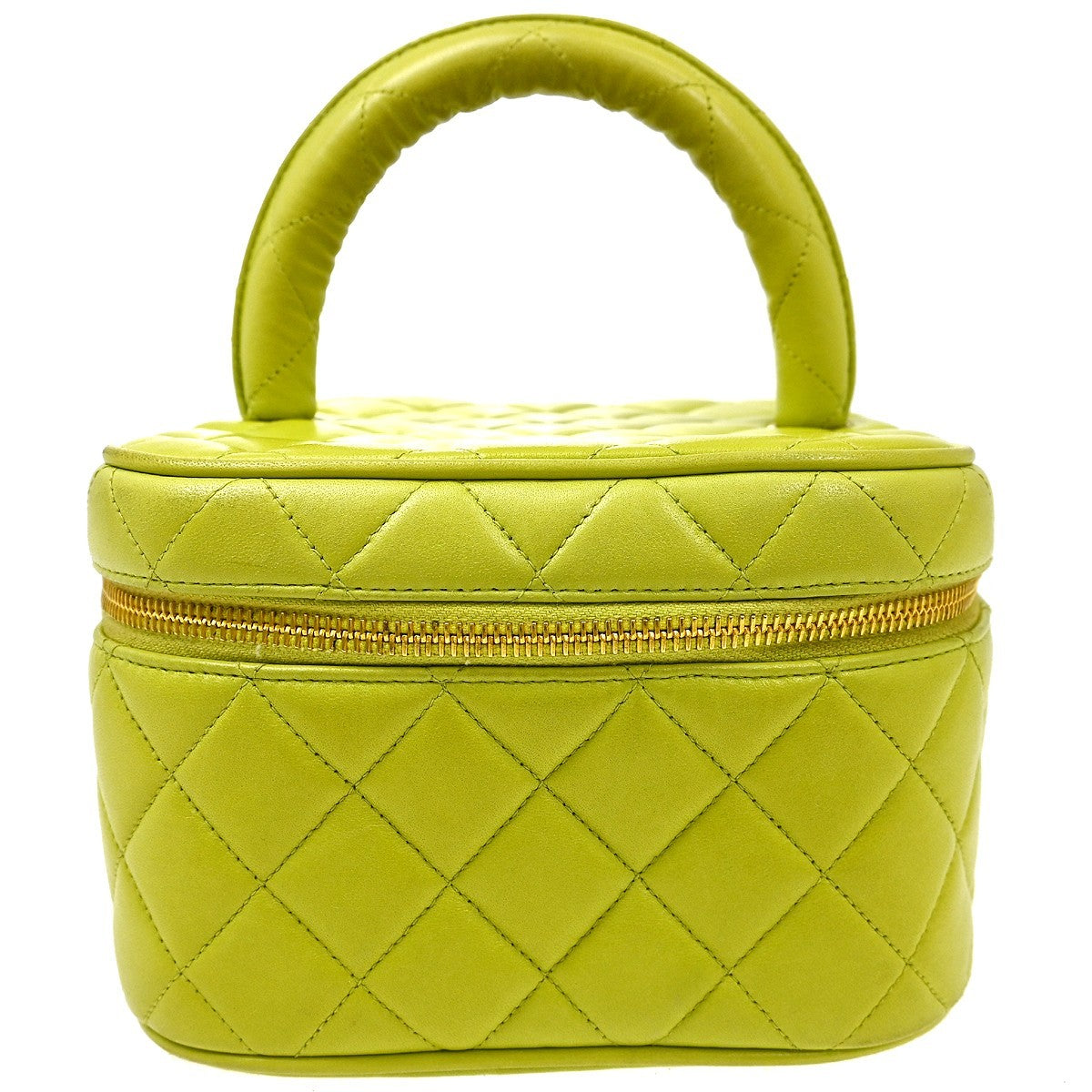 Chanel Vintage Cosmetic Case Quilted Lambskin Green Leather Handbag ( )