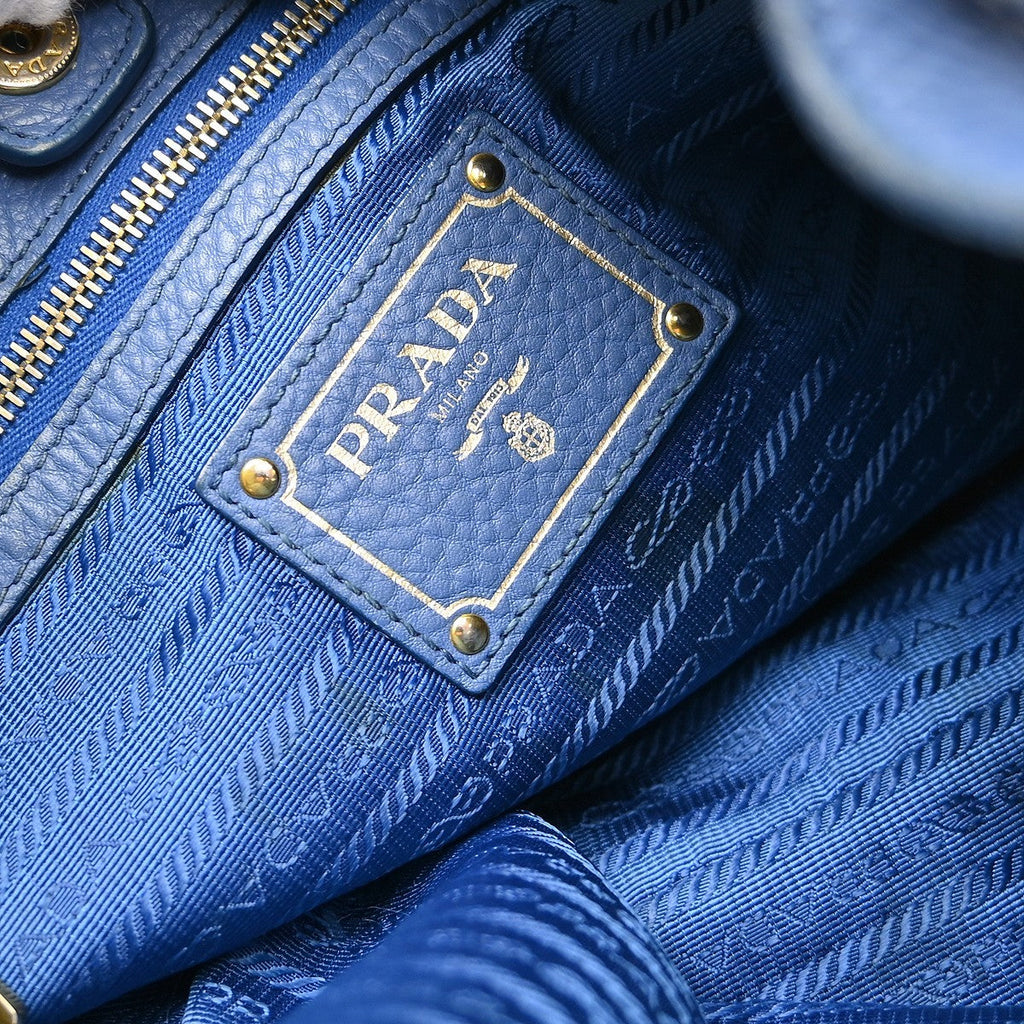 Prada Rolled Hobo Vitello Daino Blue Leather Handbag ( )