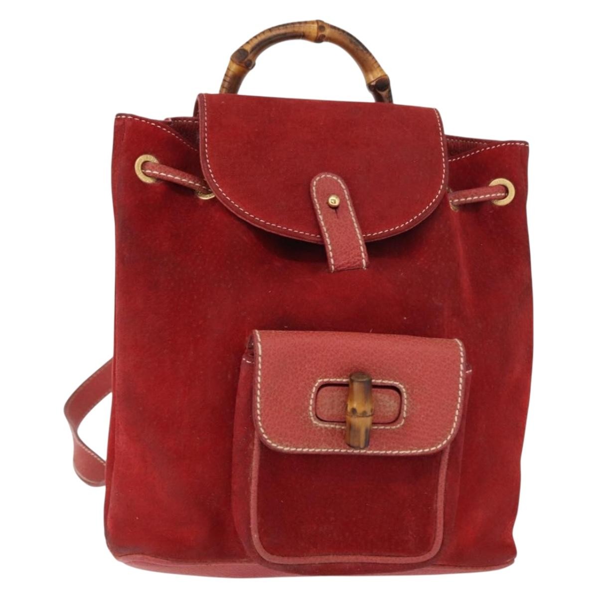 Gucci Vintage Bamboo Backpack Leather Red Leather Backpack Bag (Authentic  )