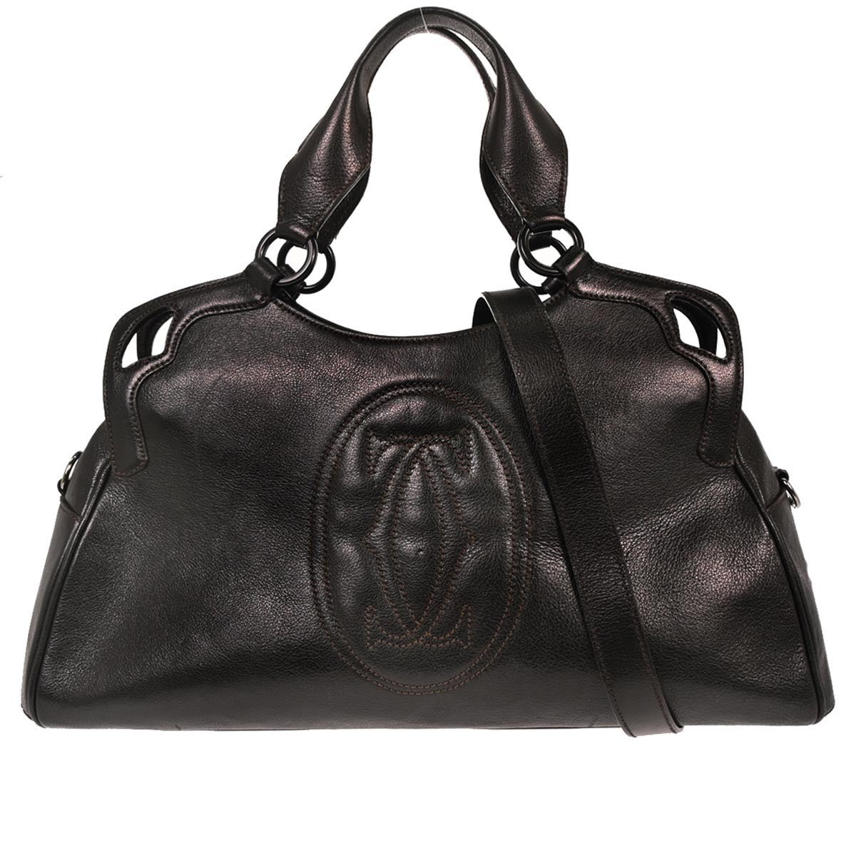 Cartier Marcello Handbag Leather Black Leather Handbag (Authentic  )