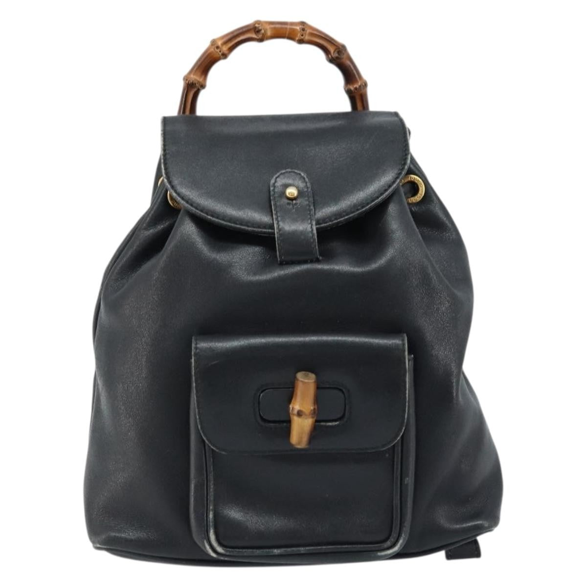 Gucci Vintage Bamboo Backpack Leather Black Leather Backpack Bag (Authentic  )