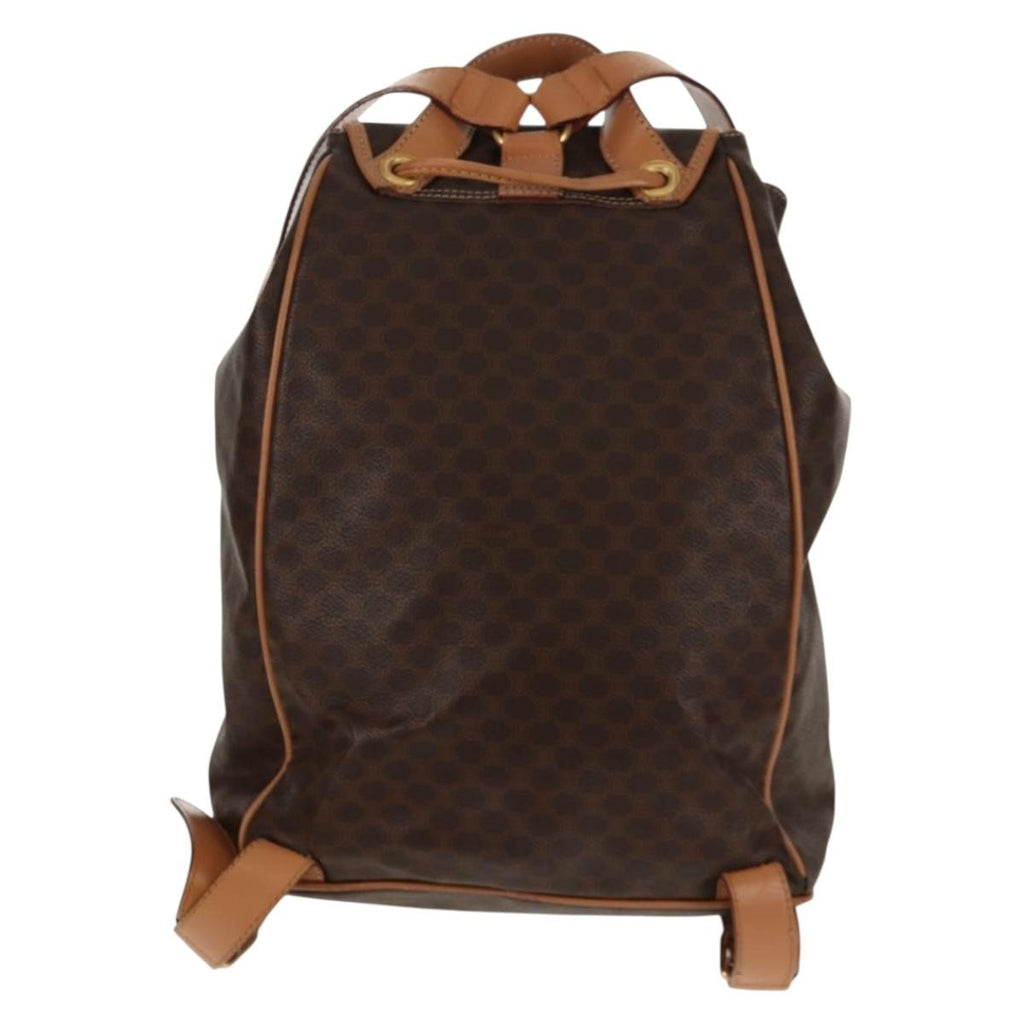 Celine Vintage Drawstring Flap Backpack Macadam Coated Canvas Brown Canvas Backpack Bag (Authentic  )
