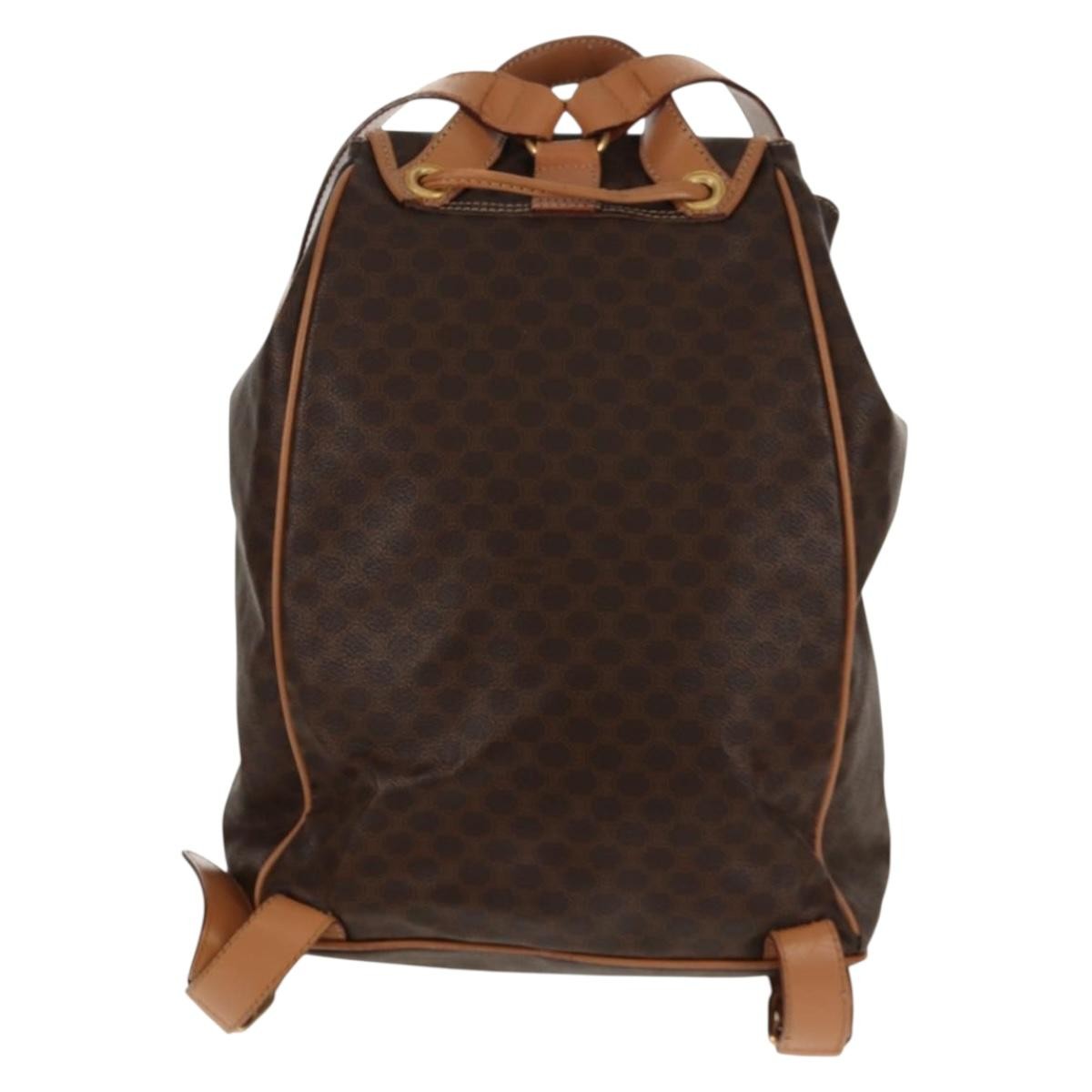 Celine Vintage Drawstring Flap Backpack Macadam Coated Canvas Brown Canvas Backpack Bag (Authentic  )