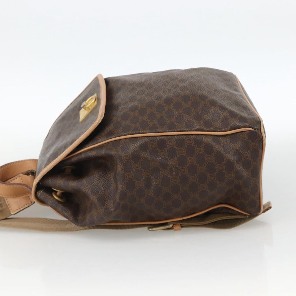 Celine Vintage Drawstring Flap Backpack Macadam Coated Canvas Brown Canvas Backpack Bag ( )