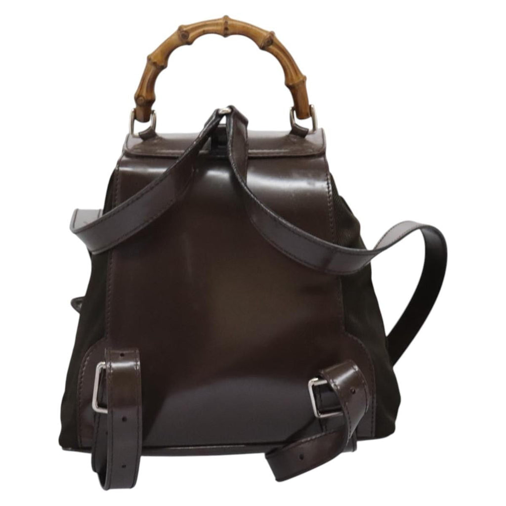 Gucci Vintage Bamboo Backpack Nylon And Patent Leather Brown Nylon Backpack Bag (Authentic  )