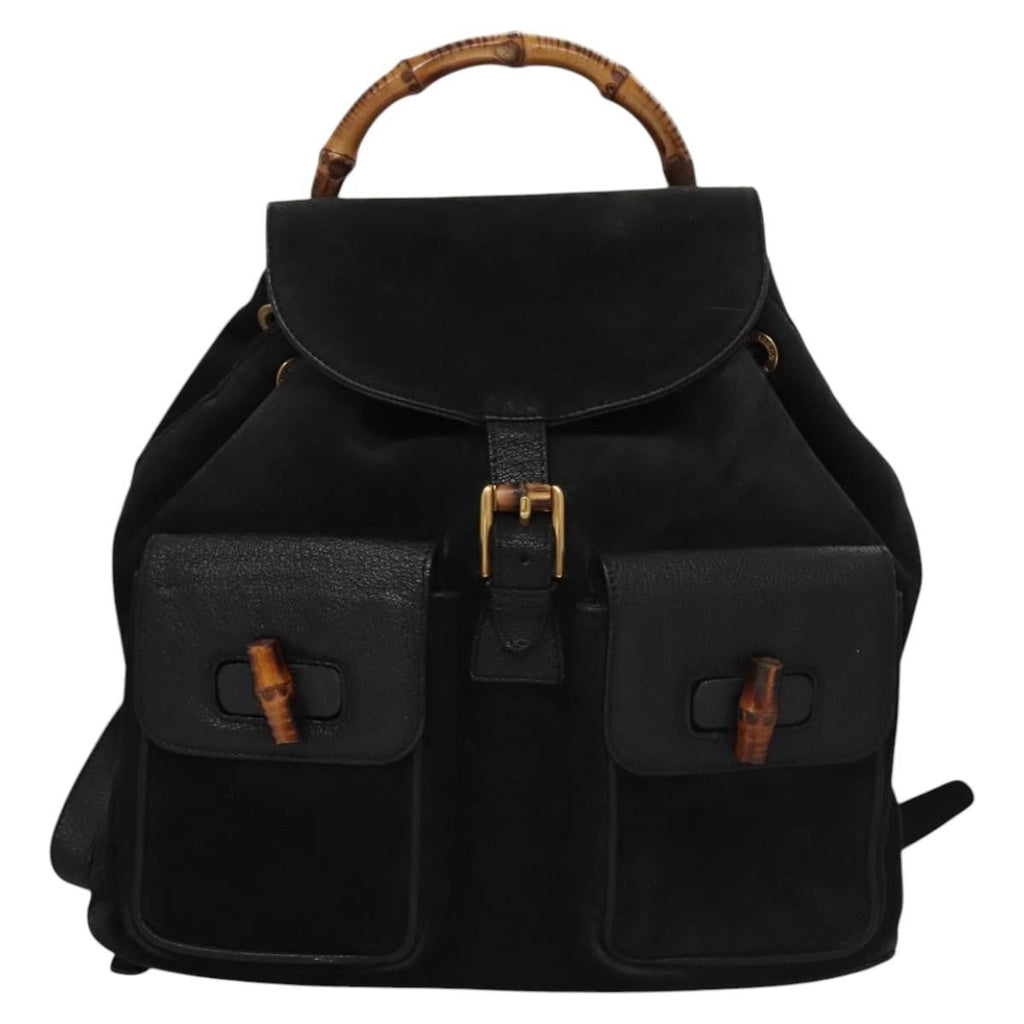 Gucci Vintage Bamboo Backpack Suede And Leather Black Suede Backpack Bag (Authentic  )