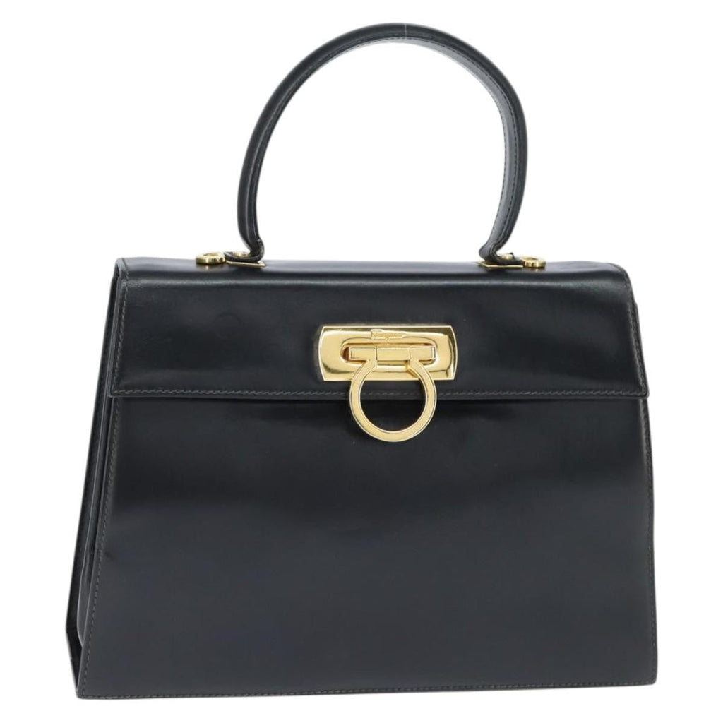 Salvatore Ferragamo Gancini Convertible Top Handle Bag Leather Black Leather Handbag (Authentic  )
