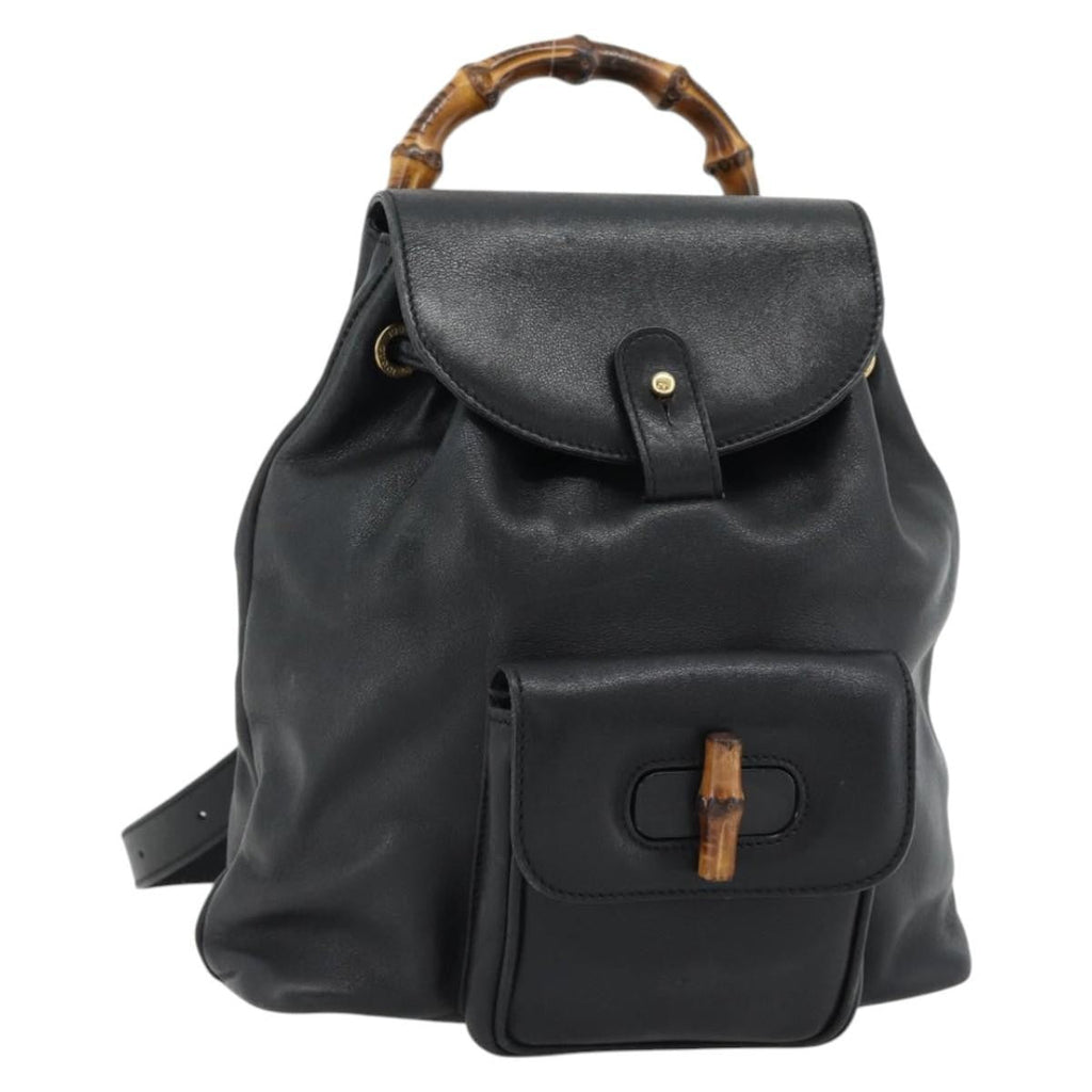 Gucci Vintage Bamboo Backpack Leather Black Leather Backpack Bag ( )