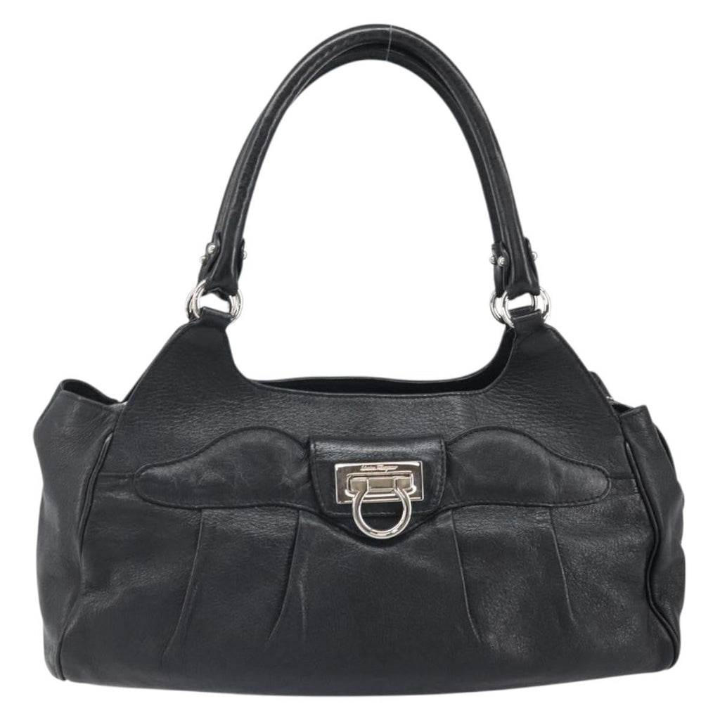 Salvatore Ferragamo Gancini Handbag Leather Black Leather Handbag (Authentic  )