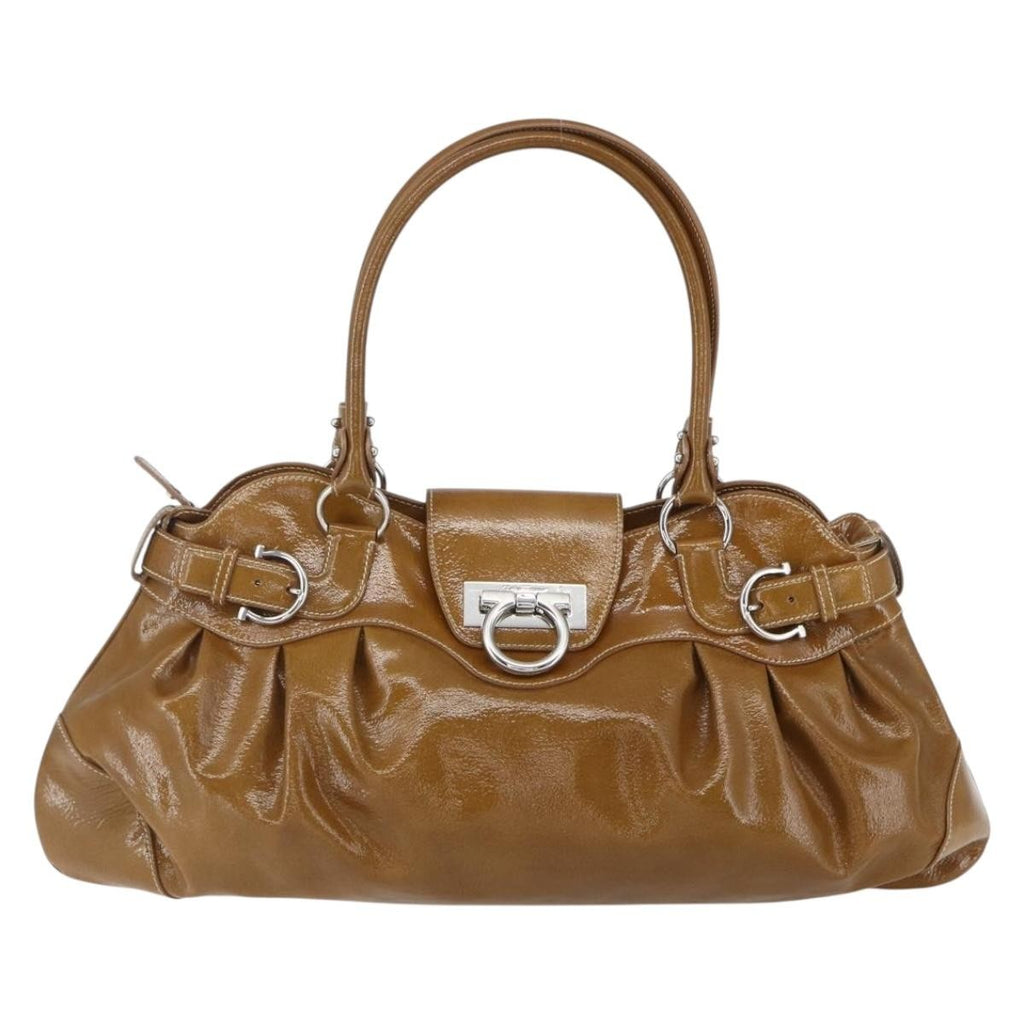 Salvatore Ferragamo Gancini Handbag Patent Leather Brown Patent_Leather Handbag (Authentic  )