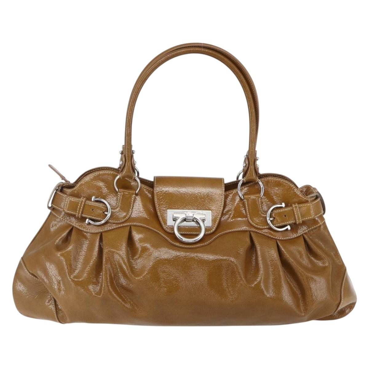 Salvatore Ferragamo Gancini Handbag Patent Leather Brown Patent_Leather Handbag (Authentic  )
