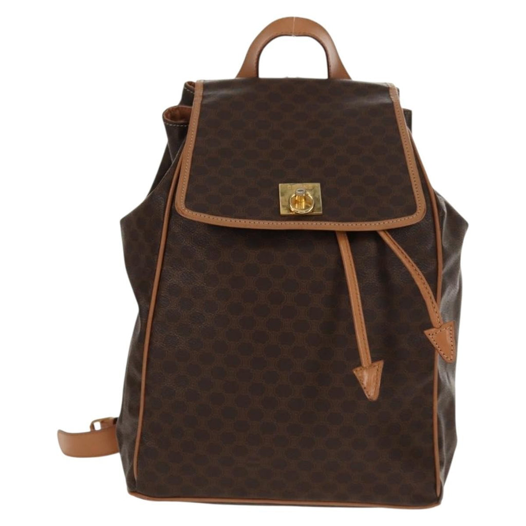 Celine Vintage Drawstring Flap Backpack Macadam Coated Canvas Brown Canvas Backpack Bag (Authentic  )