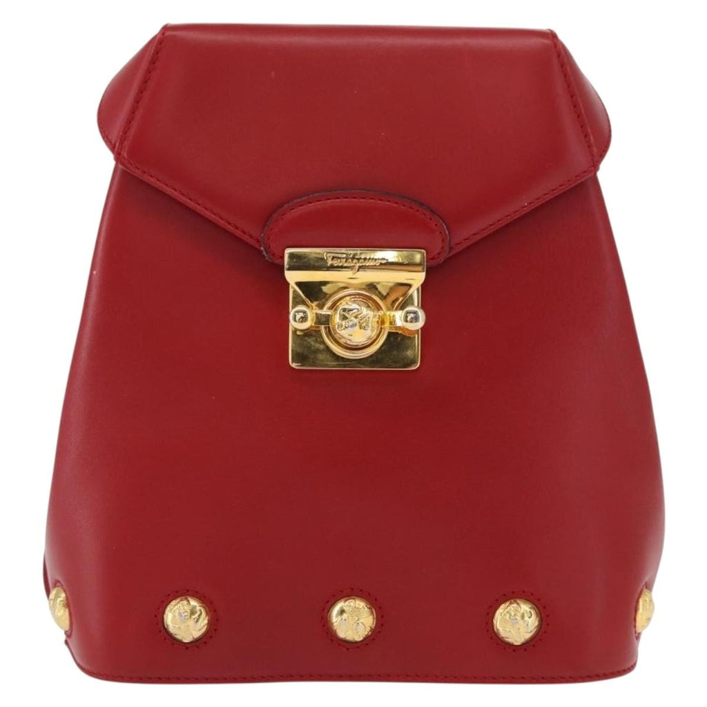 Salvatore Ferragamo Vintage Backpack Leather Red Leather Backpack Bag (Authentic  )