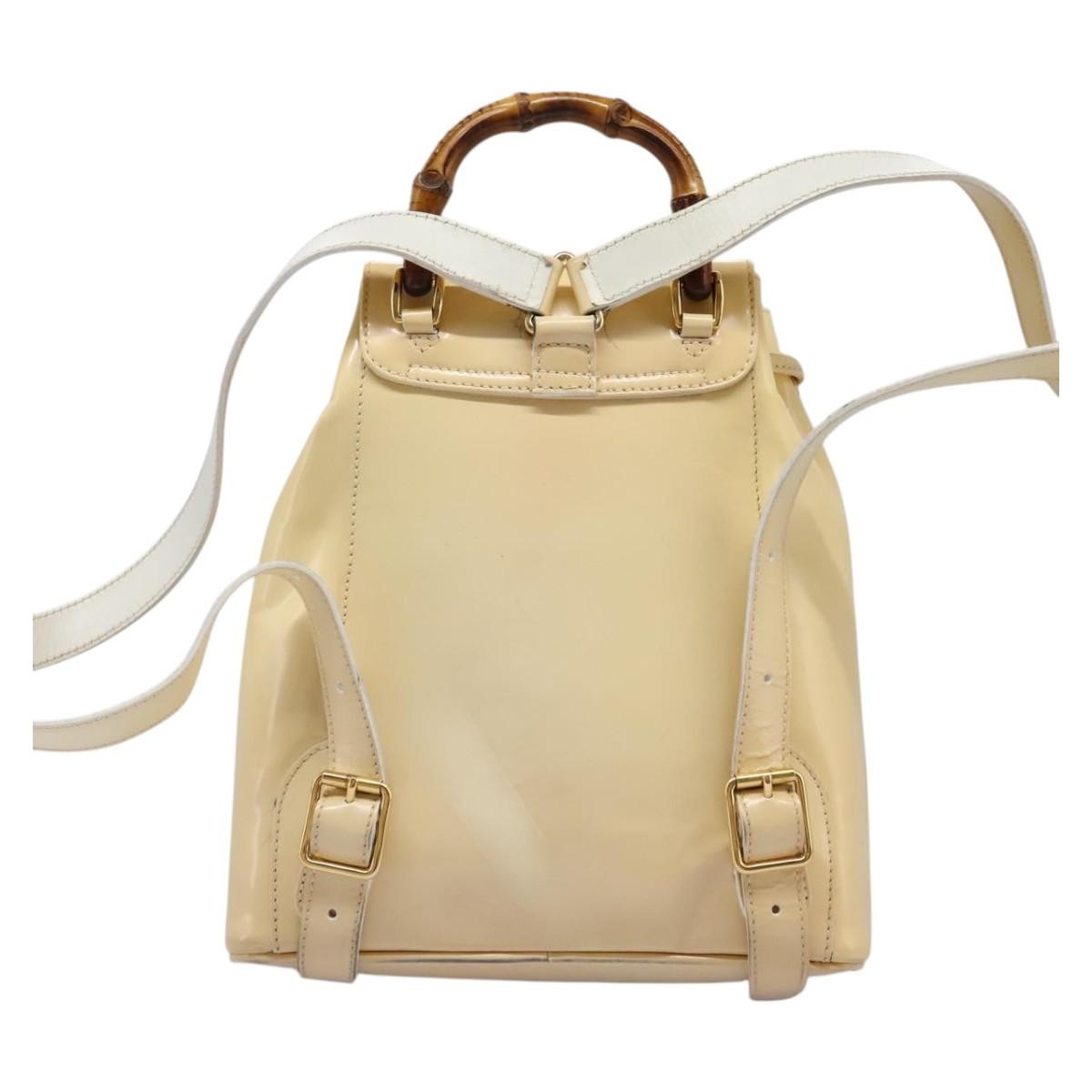 Gucci Vintage Bamboo Backpack Patent Beige Patent_Leather Backpack Bag (Authentic  )